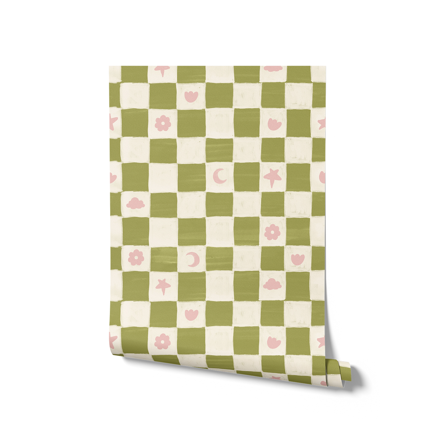 Painterly checkerboard filled with tiny starflower and icon squares on green, from the Little Tails Collection by Urban Road.