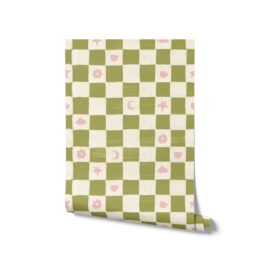 Painterly checkerboard filled with tiny starflower and icon squares on green, from the Little Tails Collection by Urban Road.