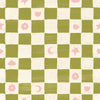 Painterly checkerboard filled with tiny starflower and icon squares on green, from the Little Tails Collection by Urban Road.