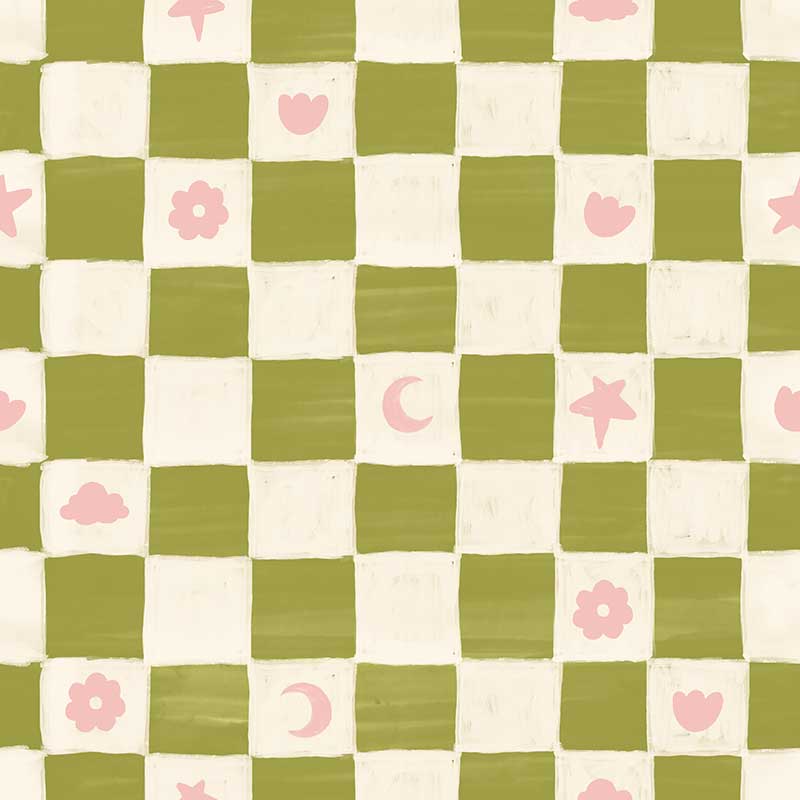 Painterly checkerboard filled with tiny starflower and icon squares on green, from the Little Tails Collection by Urban Road.