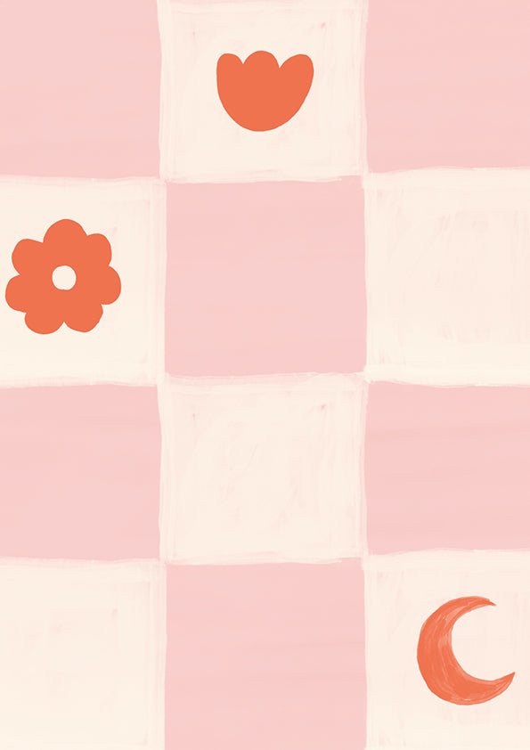 Painterly checkerboard filled with tiny starflower and icon squares on pink, from the Little Tails Collection by Urban Road.
