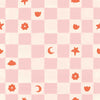 Painterly checkerboard filled with tiny starflower and icon squares on pink, from the Little Tails Collection by Urban Road.