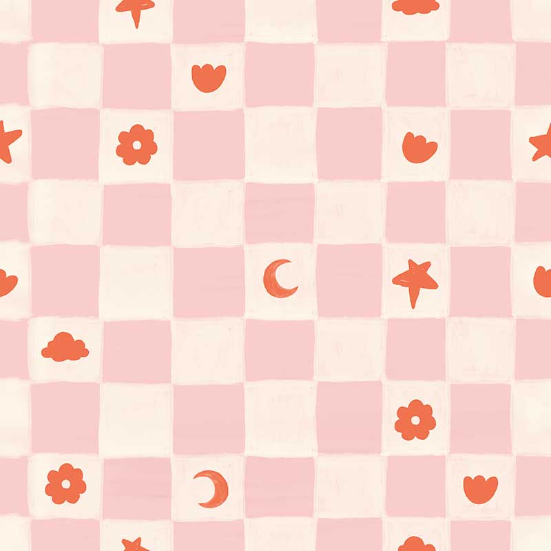 Painterly checkerboard filled with tiny starflower and icon squares on pink, from the Little Tails Collection by Urban Road.