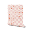 Painterly checkerboard filled with tiny starflower and icon squares on pink, from the Little Tails Collection by Urban Road.