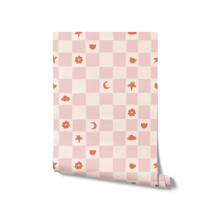 Painterly checkerboard filled with tiny starflower and icon squares on pink, from the Little Tails Collection by Urban Road.