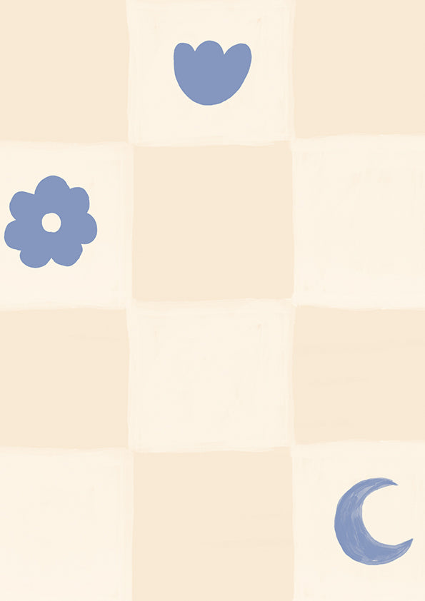 Painterly checkerboard filled with tiny starflower and icon squares on neutral, from the Little Tails Collection by Urban Road.