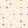 Painterly checkerboard filled with tiny starflower and icon squares on neutral, from the Little Tails Collection by Urban Road.