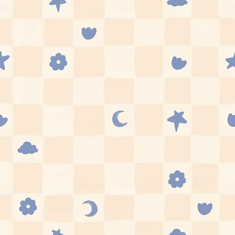 Painterly checkerboard filled with tiny starflower and icon squares on neutral, from the Little Tails Collection by Urban Road.