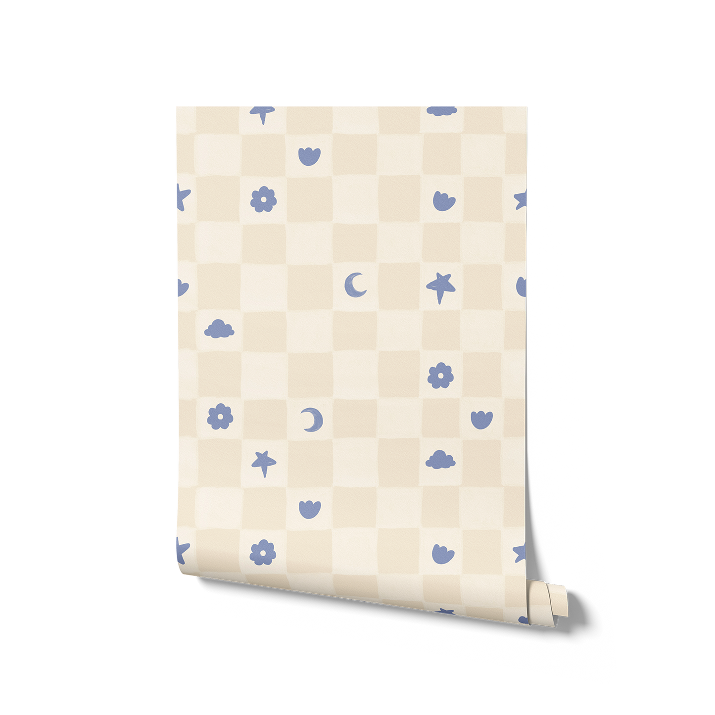 Painterly checkerboard filled with tiny starflower and icon squares on neutral, from the Little Tails Collection by Urban Road.