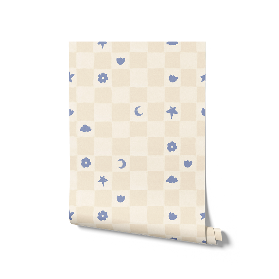 Painterly checkerboard filled with tiny starflower and icon squares on neutral, from the Little Tails Collection by Urban Road.