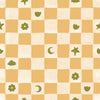 Painterly checkerboard filled with tiny starflower and icon squares on yellow, from the Little Tails Collection by Urban Road.