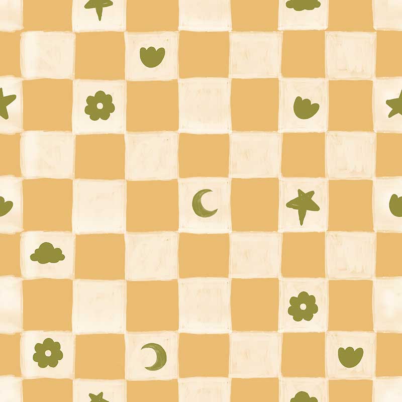 Painterly checkerboard filled with tiny starflower and icon squares on yellow, from the Little Tails Collection by Urban Road.