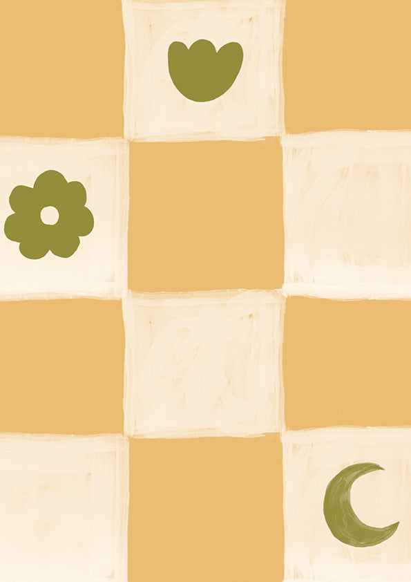 Painterly checkerboard filled with tiny starflower and icon squares on yellow, from the Little Tails Collection by Urban Road.