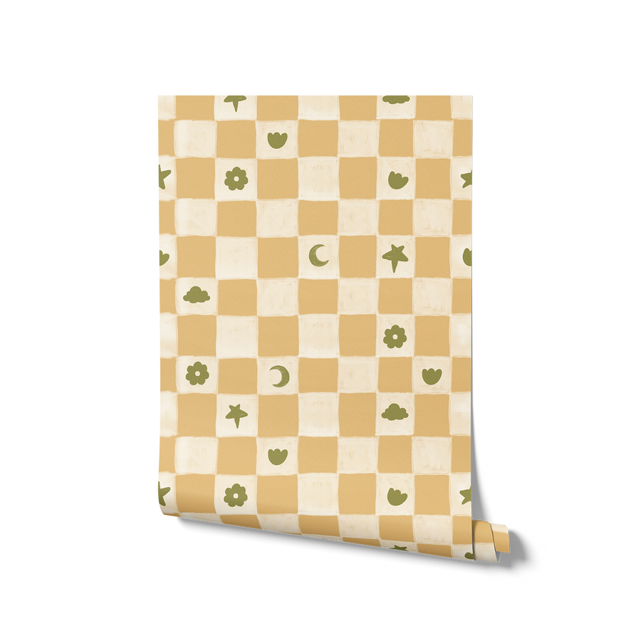 Painterly checkerboard filled with tiny starflower and icon squares on yellow, from the Little Tails Collection by Urban Road.