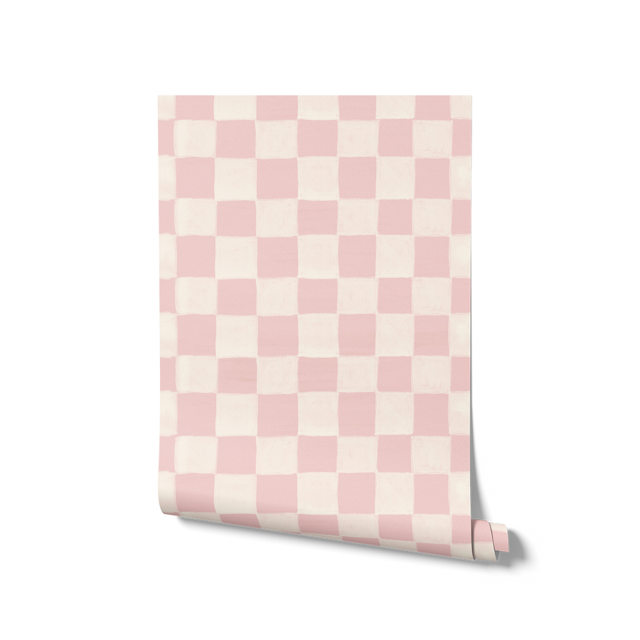 Painterly checkerboard squares with a soft brushed texture on pink, from the Little Tails Collection by Urban Road.