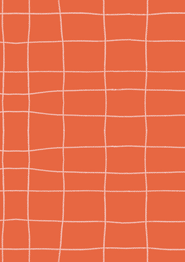 Loose sketchy grid of playful scribble lines on red, from the Little Tails Collection by Urban Road.