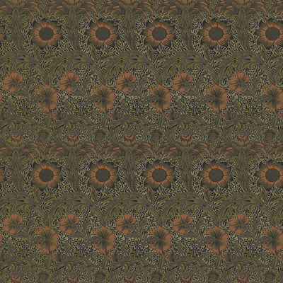 Cornfields Dark Green features an intricate William Morris inspired design with sunburst florals and scrolling foliage in deep green and earthy brown tones from the AW Wallpaper Collection.