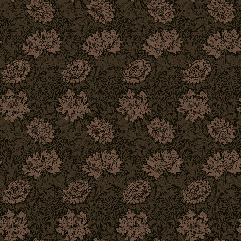 Chrysanthemums Dark Brown featuring intricate layered florals and scrolling botanical foliage in rich brown tones from the AW Wallpaper Collection by Urban Road.