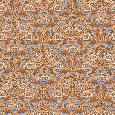 Peony Harvest Multicolour from the AW Wallpaper Collection, a William Morris inspired design featuring warm tan, soft blue and muted green peonies layered with intricate flowing foliage.
