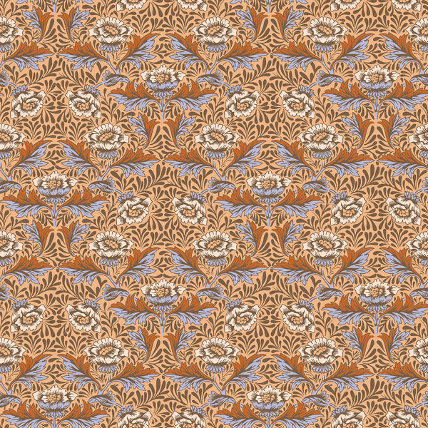 Peony Harvest Multicolour from the AW Wallpaper Collection, a William Morris inspired design featuring warm tan, soft blue and muted green peonies layered with intricate flowing foliage.