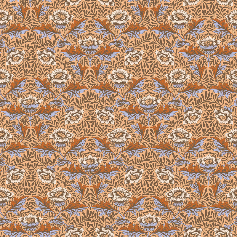 Peony Harvest Multicolour from the AW Wallpaper Collection, a William Morris inspired design featuring warm tan, soft blue and muted green peonies layered with intricate flowing foliage.