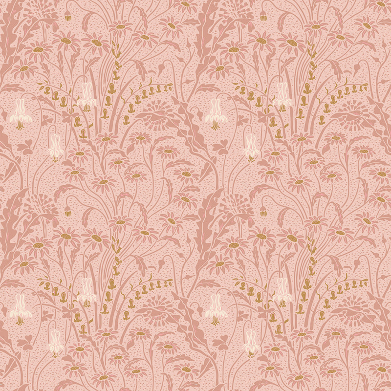 Foraging Flowers Pink features flowing stems and detailed florals in soft pink and olive tones, a William Morris inspired design from the AW Wallpaper Collection by Urban Road.