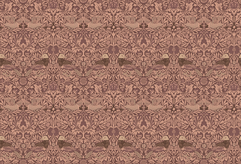 Birds of Paradise in deep brown featuring symmetrical birds and classic botanical patterning in a William Morris inspired design from the AW Wallpaper Collection by Urban Road.