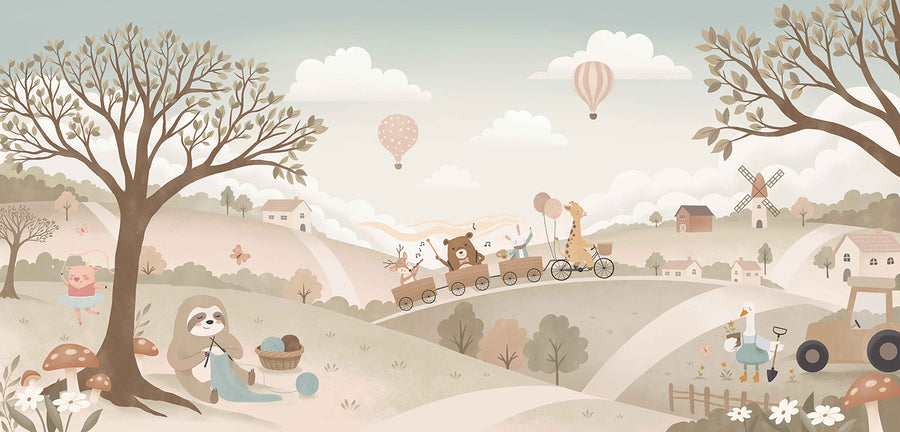 Pastel countryside with animal friends riding a toy train past windmills, trees and hot air balloons, from the Little Tails Collection by Urban Road.