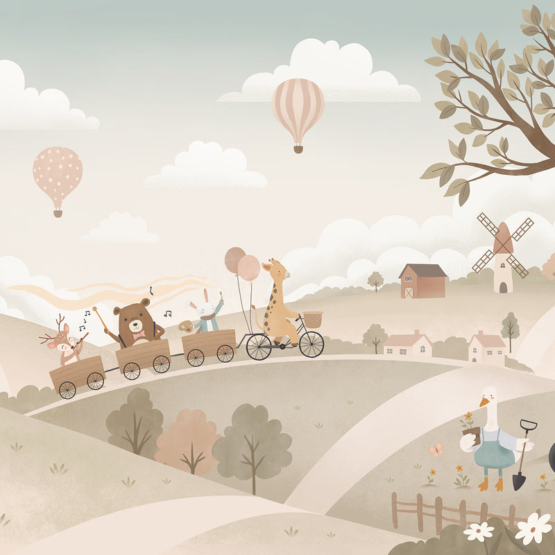 Pastel countryside with animal friends riding a toy train past windmills, trees and hot air balloons, from the Little Tails Collection by Urban Road.