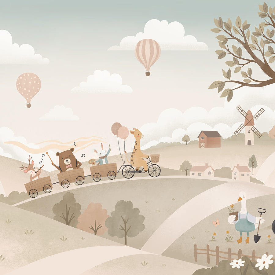 Pastel countryside with animal friends riding a toy train past windmills, trees and hot air balloons, from the Little Tails Collection by Urban Road.