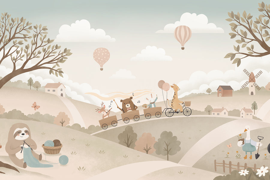 Pastel countryside with animal friends riding a toy train past windmills, trees and hot air balloons, from the Little Tails Collection by Urban Road.