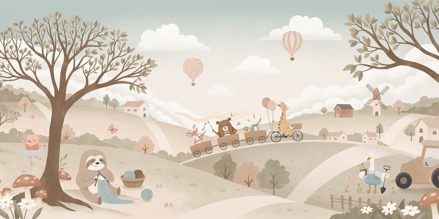 Pastel countryside with animal friends riding a toy train past windmills, trees and hot air balloons, from the Little Tails Collection by Urban Road.