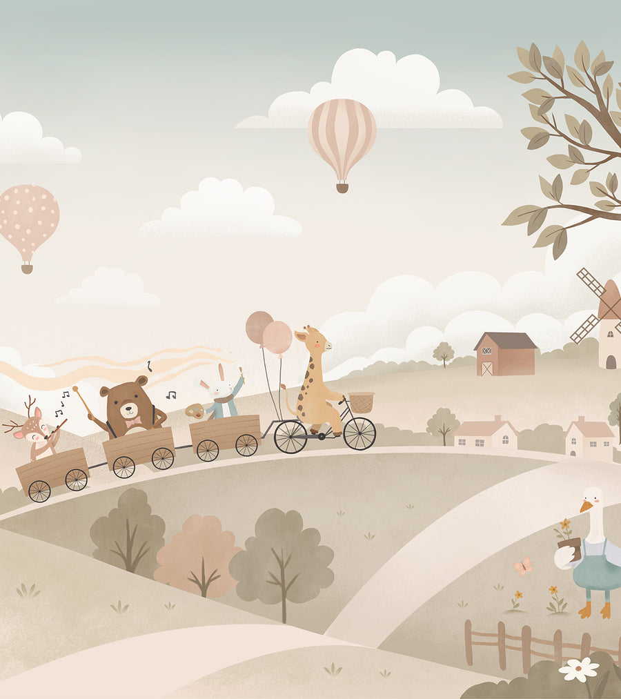 Pastel countryside with animal friends riding a toy train past windmills, trees and hot air balloons, from the Little Tails Collection by Urban Road.
