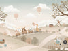 Pastel countryside with animal friends riding a toy train past windmills, trees and hot air balloons, from the Little Tails Collection by Urban Road.