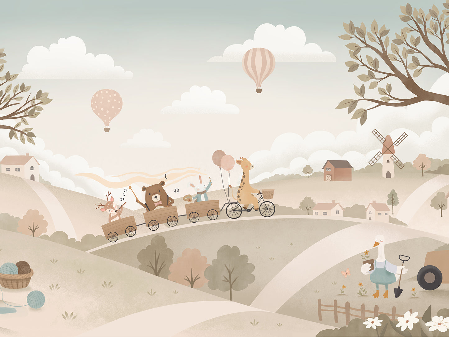 Pastel countryside with animal friends riding a toy train past windmills, trees and hot air balloons, from the Little Tails Collection by Urban Road.