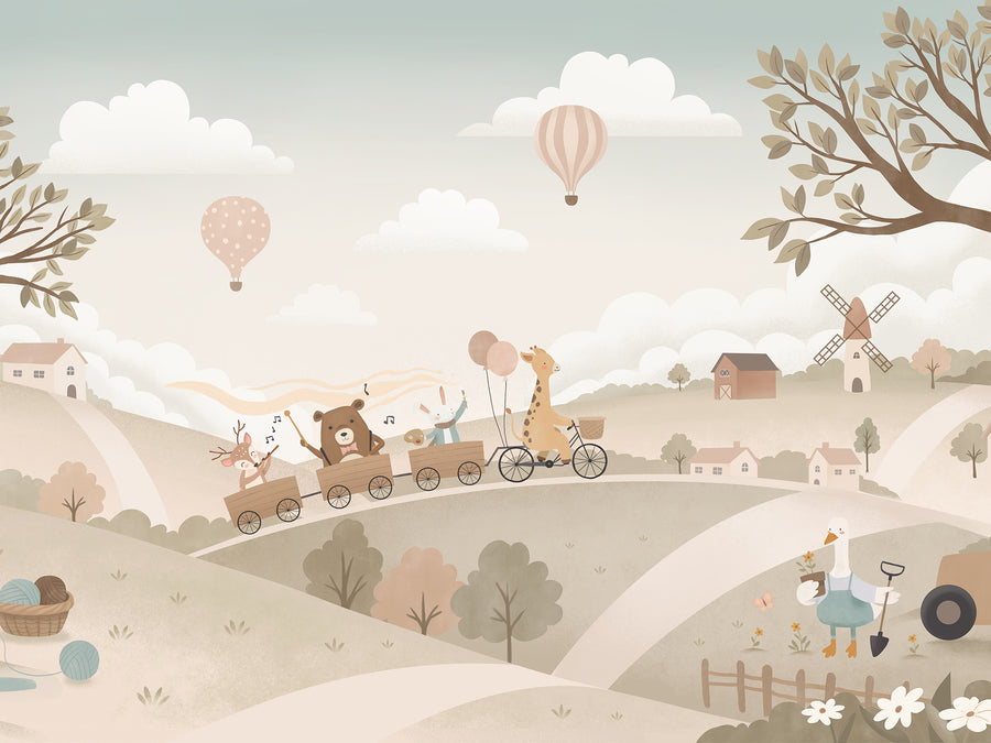 Pastel countryside with animal friends riding a toy train past windmills, trees and hot air balloons, from the Little Tails Collection by Urban Road.