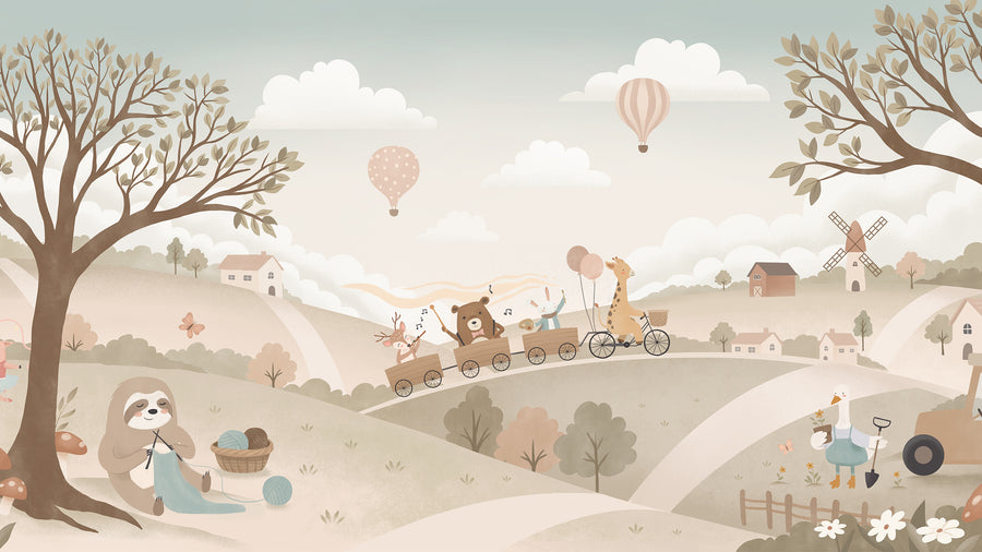 Pastel countryside with animal friends riding a toy train past windmills, trees and hot air balloons, from the Little Tails Collection by Urban Road.