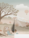 Pastel countryside with animal friends riding a toy train past windmills, trees and hot air balloons, from the Little Tails Collection by Urban Road.