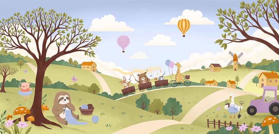 Vibrant countryside with animal friends riding a toy train under colourful hot air balloons, from the Little Tails Collection by Urban Road.