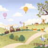 Vibrant countryside with animal friends riding a toy train under colourful hot air balloons, from the Little Tails Collection by Urban Road.