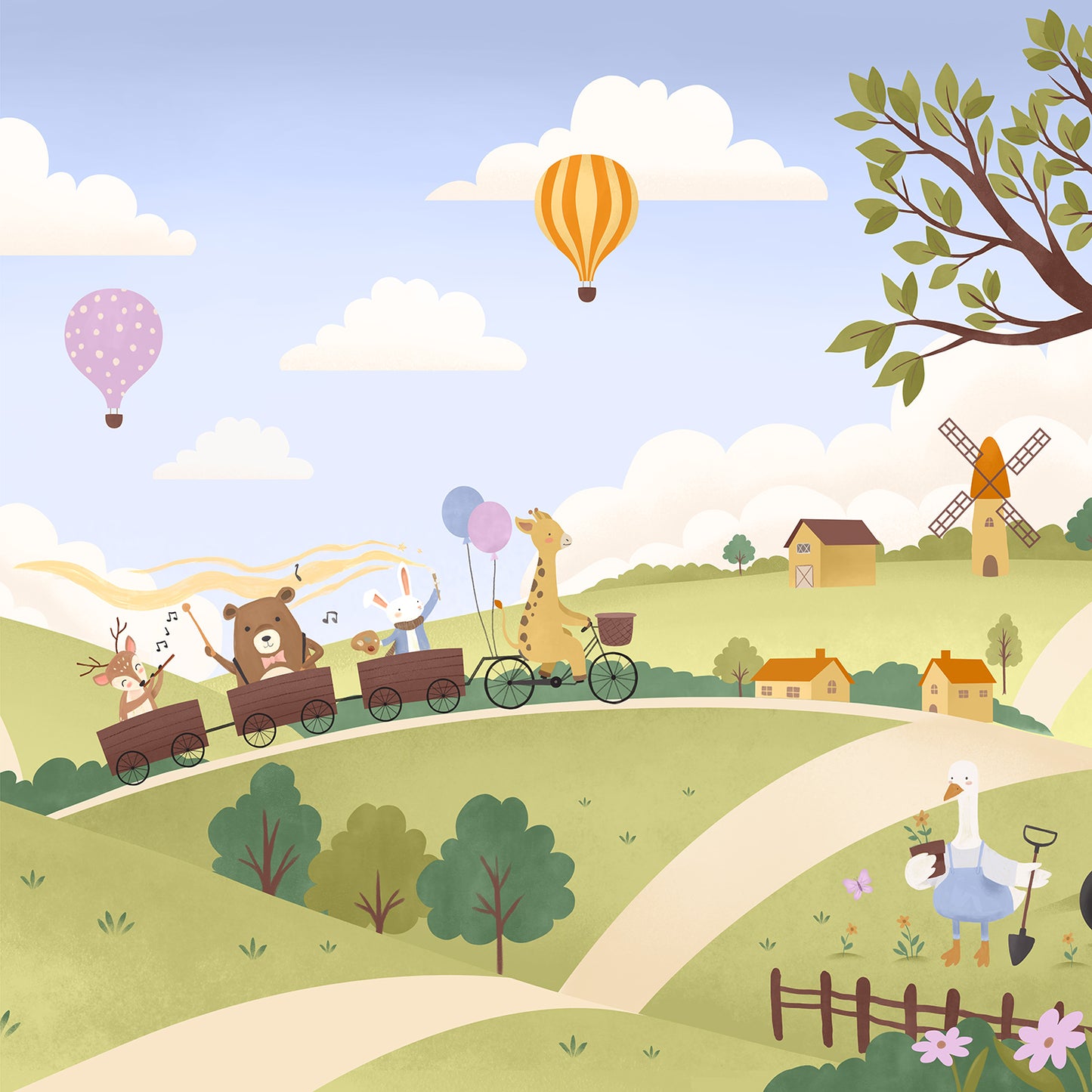 Vibrant countryside with animal friends riding a toy train under colourful hot air balloons, from the Little Tails Collection by Urban Road.