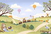 Vibrant countryside with animal friends riding a toy train under colourful hot air balloons, from the Little Tails Collection by Urban Road.