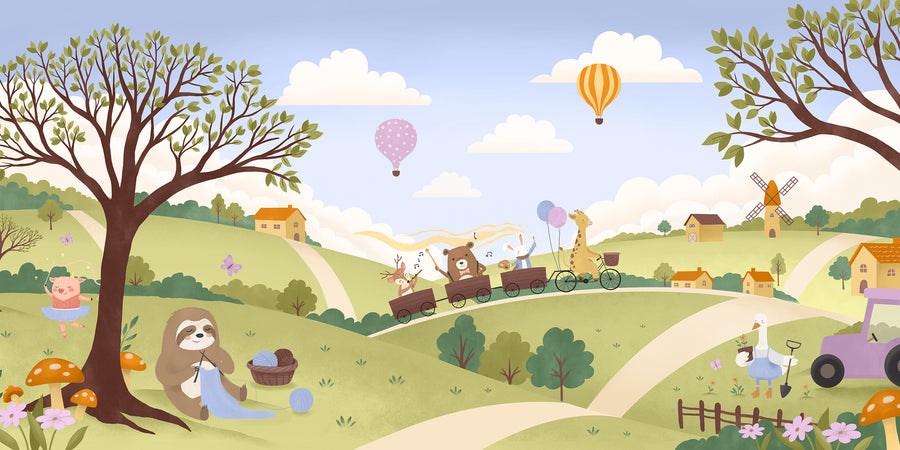 Vibrant countryside with animal friends riding a toy train under colourful hot air balloons, from the Little Tails Collection by Urban Road.