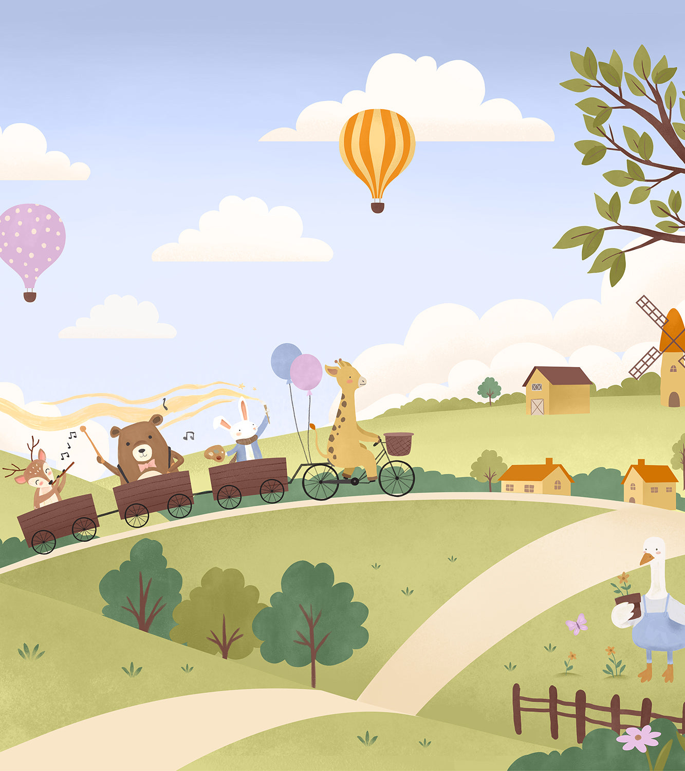 Vibrant countryside with animal friends riding a toy train under colourful hot air balloons, from the Little Tails Collection by Urban Road.