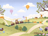Vibrant countryside with animal friends riding a toy train under colourful hot air balloons, from the Little Tails Collection by Urban Road.