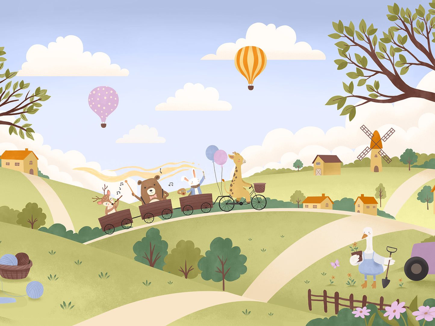 Vibrant countryside with animal friends riding a toy train under colourful hot air balloons, from the Little Tails Collection by Urban Road.