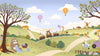 Vibrant countryside with animal friends riding a toy train under colourful hot air balloons, from the Little Tails Collection by Urban Road.