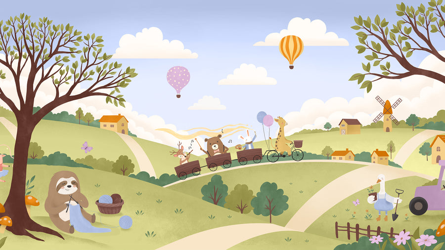 Vibrant countryside with animal friends riding a toy train under colourful hot air balloons, from the Little Tails Collection by Urban Road.