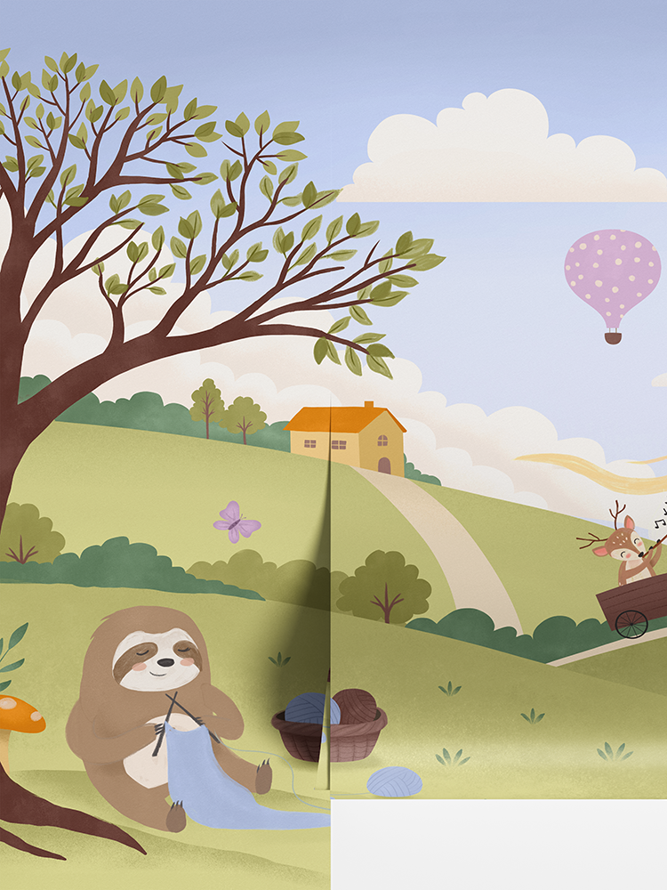 Vibrant countryside with animal friends riding a toy train under colourful hot air balloons, from the Little Tails Collection by Urban Road.