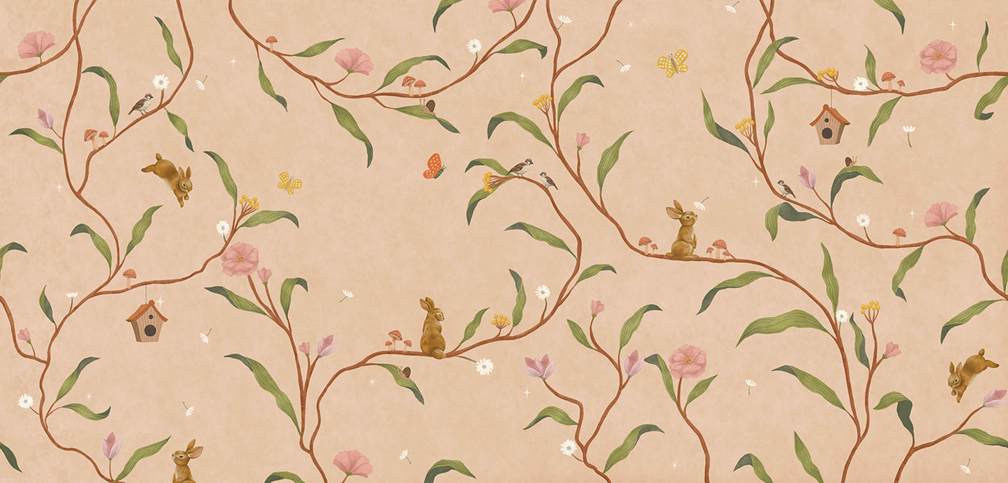 Warm neutral wallpaper of flowing branches with tiny rabbits, blossoms and birdhouses, from the Little Tails Collection by Urban Road.